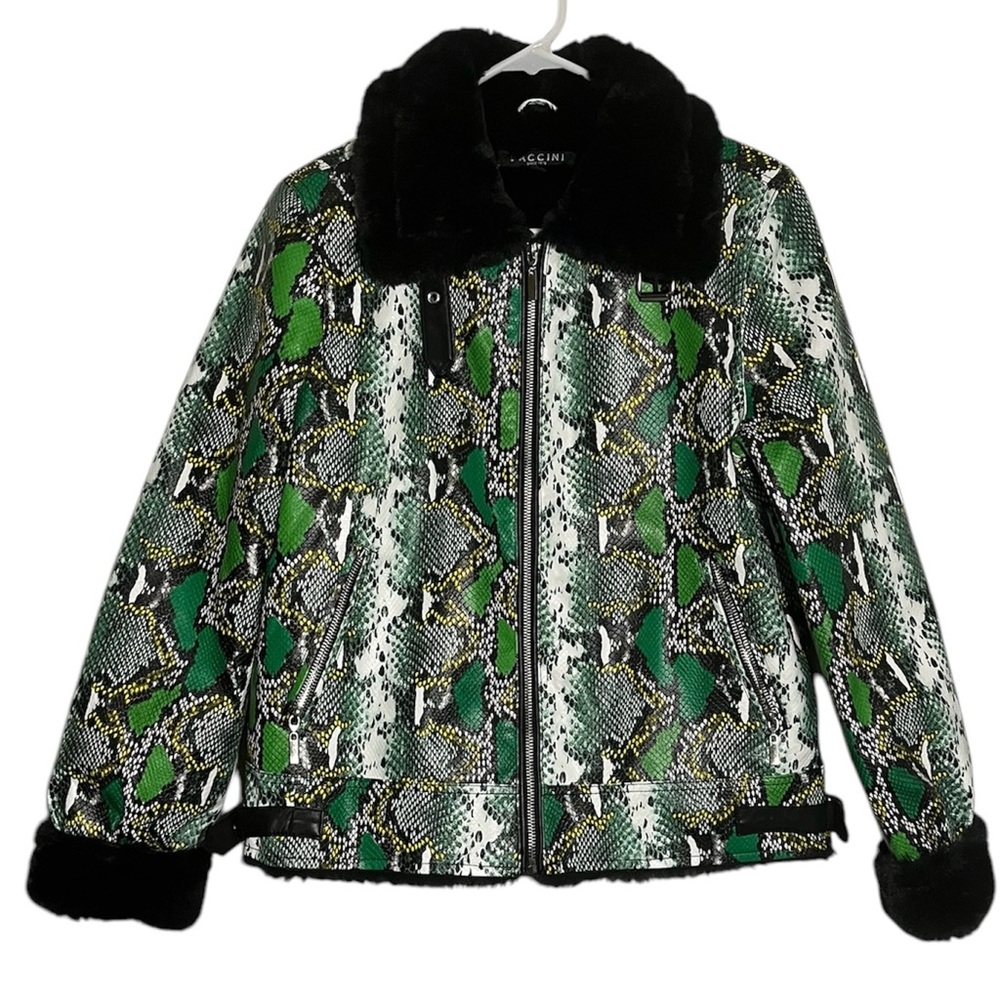Baccini Green Snake Skin‎ Print Women's Faux Leather Jacket Sz M